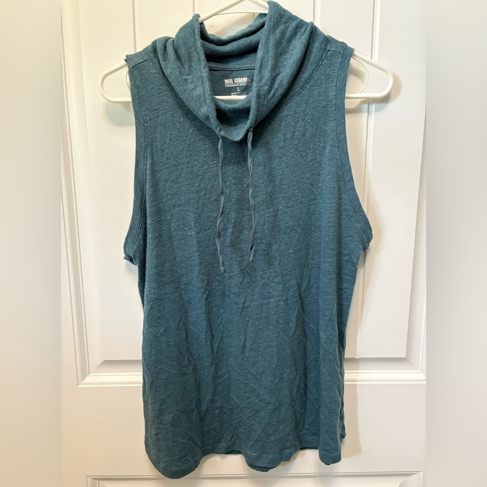 Reel Legends Teal Sleeveless Cowl Neck Top with drawstring. Size Large.